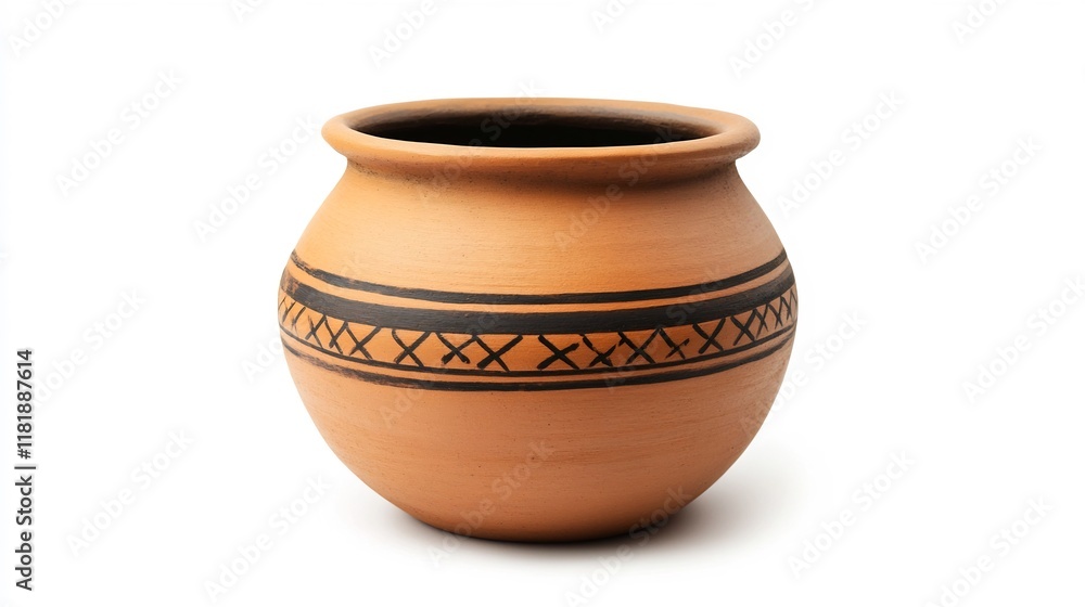 Rustic Traditional Clay Pot with Intricate Decorative Patterns on White Background Rustic Traditional Clay Pot with Intricate Decorative Patterns on White Background