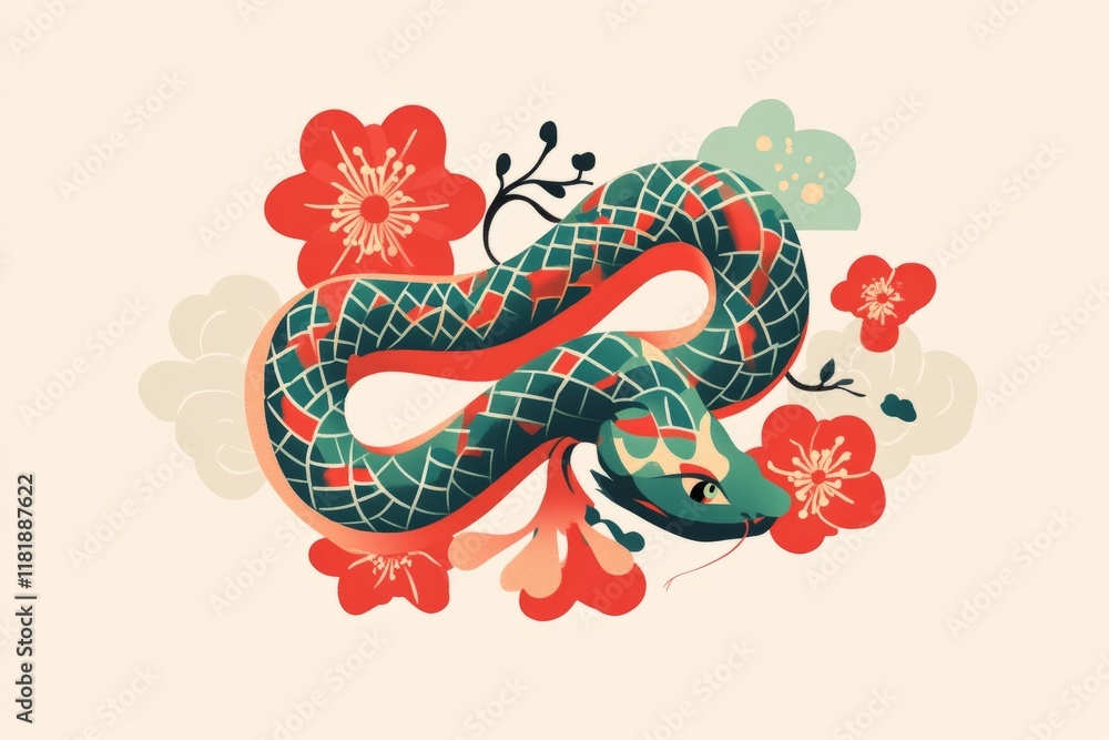 Obraz premium Calligraphy, Traditional Chinese knot, Cute snake, Chinese New year, Lunar new Year , Spring Festival , flat illustration