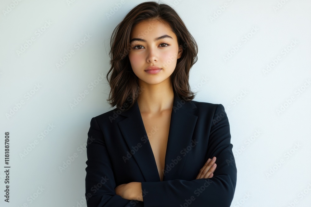Businesswoman with serious expression and arms crossed, plain wall Businesswoman with serious expression and arms crossed, plain wall