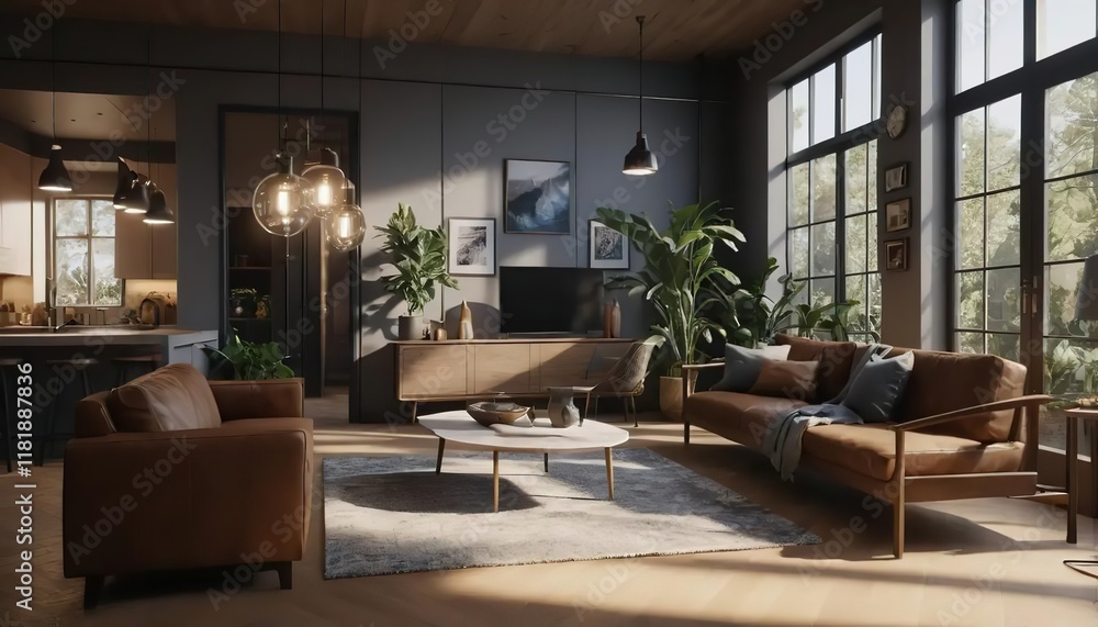 Modern Dark Living Room Interior Design with Large Windows, Plants, and Wooden Furniture. Modern Dark Living Room Interior Design with Large Windows, Plants, and Wooden Furniture.