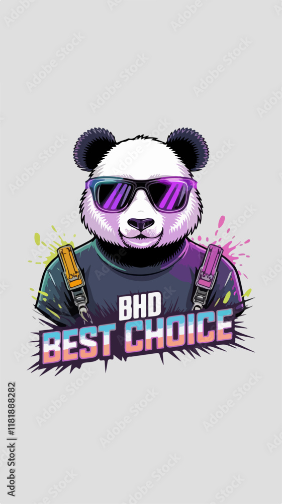A t-shirt design of a panda wearing sunglasses with purple reflections on a white background A t-shirt design of a panda wearing sunglasses with purple reflections on a white background