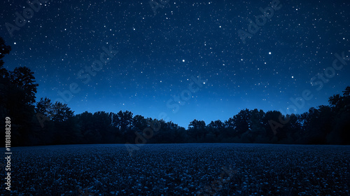 Dark blue night sky filled with stars above a tree-filled landscape