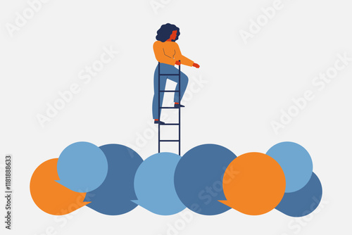 woman trapped by speech bubbles while standing on a high career ladder. challenges of success, criticism, public opinion pressure. emotional resilience in business for females. Vector