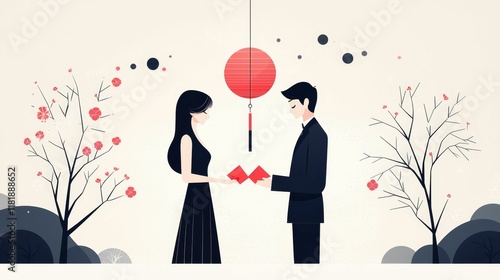 Wallpaper Mural Valentine's Day and Chinese New Year concept. A couple exchanging hearts under a lantern in a romantic, minimalist setting. Torontodigital.ca
