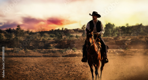 Young CowBoy riding his brown horse while riding through the desert.