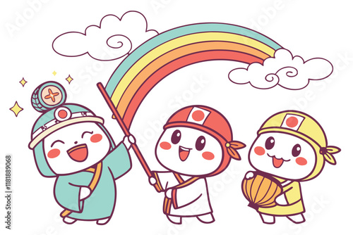 Cartoon Japanese deities, colorful chibi gods, cute Shinto kami, playful mythological characters, whimsical divine beings, kawaii spiritual figures, traditional Japanese folklore, adorable cultural ic