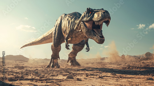 Fototapeta Naklejka Na Ścianę i Meble -  Intense prehistoric T-Rex running in a vast desert landscape under blue skies
