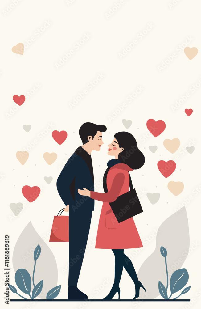 Boy and girl giving each other gifts on the background of hearts. Valentine's Day, Family Day. Vector illustration with space for text. For love sites, invitations, dating apps, posters, banners Boy and girl giving each other gifts on the background of hearts. Valentine's Day, Family Day. Vector illustration with space for text. For love sites, invitations, dating apps, posters, banners