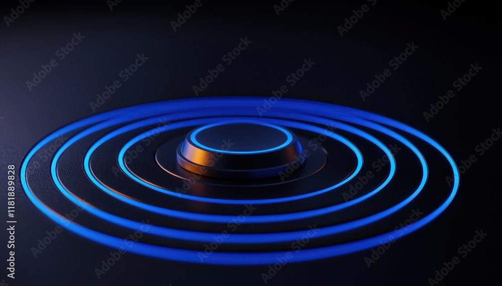 Fototapeta premium Futuristic abstract image of blue circular waves emanating from a central point.