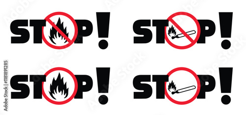 Stop matches , matchstick, lucifer logo. Smoking, fire or flame icon. Match lighted icon. Funny flat vector cartoon. No flames allowed. Stop, attention, do not open fire or campfire flame zone.  