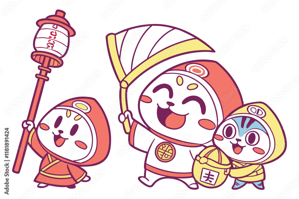 Fototapeta premium Cartoon Japanese deities, colorful chibi gods, cute Shinto kami, playful mythological characters, whimsical divine beings, kawaii spiritual figures, traditional Japanese folklore, adorable cultural ic