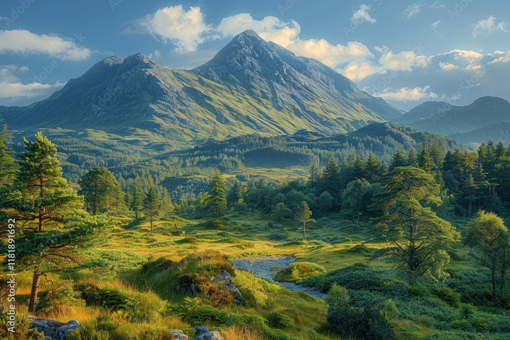 Fototapeta premium picturesque mountainous area with green forests and meadows in the foreground. 