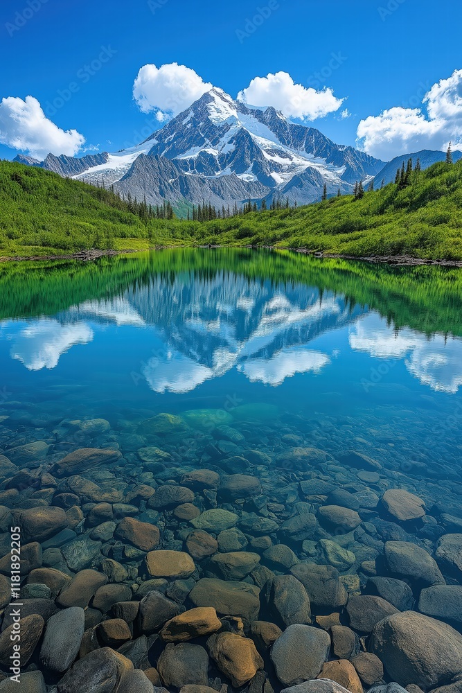 Obraz premium Majestic mountain reflects in calm lake under bright blue sky with fluffy clouds