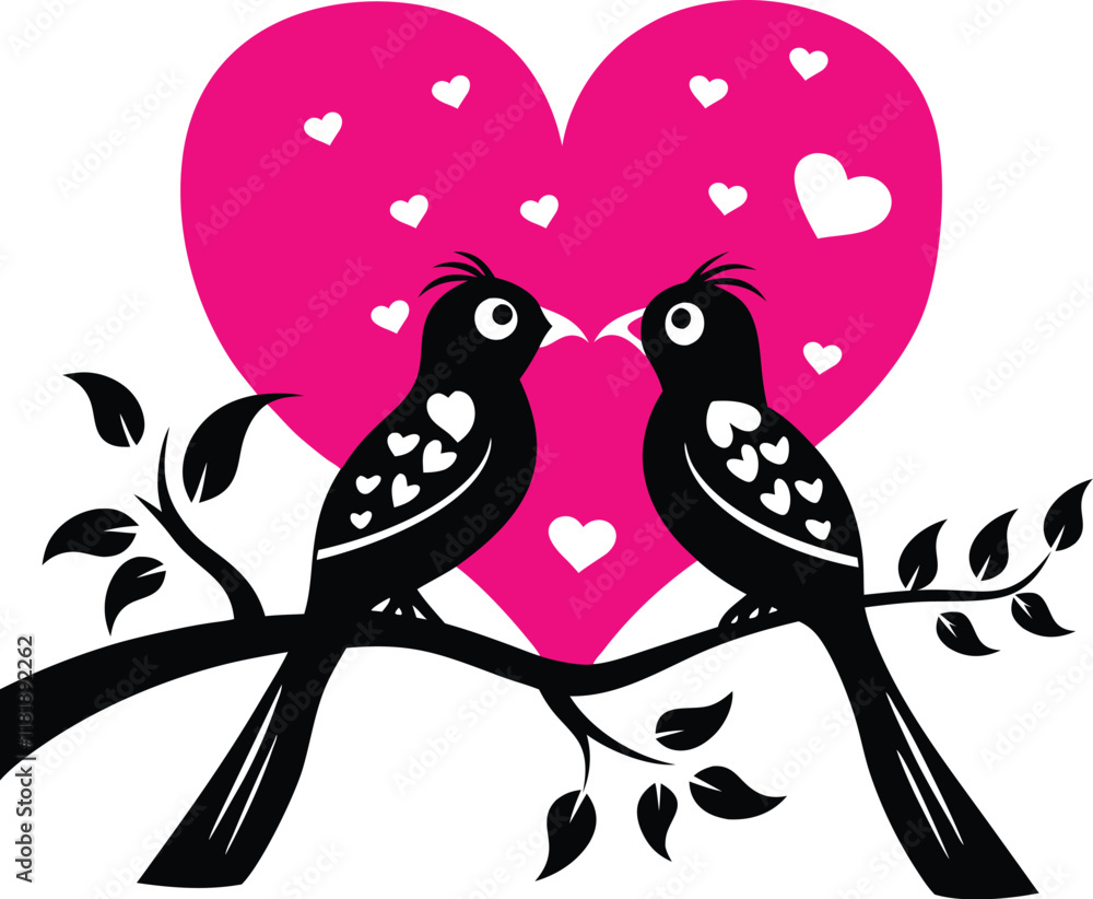 vector illustration of two lovebirds perched on a branch, with a heart-shaped background vector illustration of two lovebirds perched on a branch, with a heart-shaped background