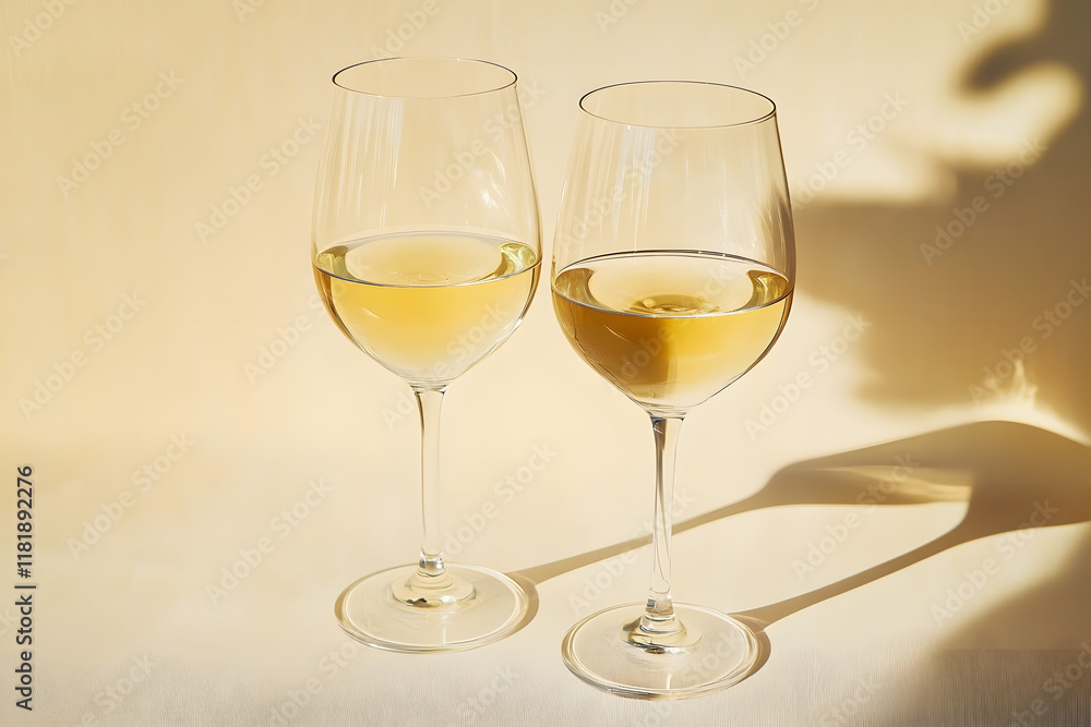 Two glass with white wine on light yellow background. Wineglasses. Summer drink for party, wine shop or wine tasting concept. Date or romantic dinner. Copy space Two glass with white wine on light yellow background. Wineglasses. Summer drink for party, wine shop or wine tasting concept. Date or romantic dinner. Copy space