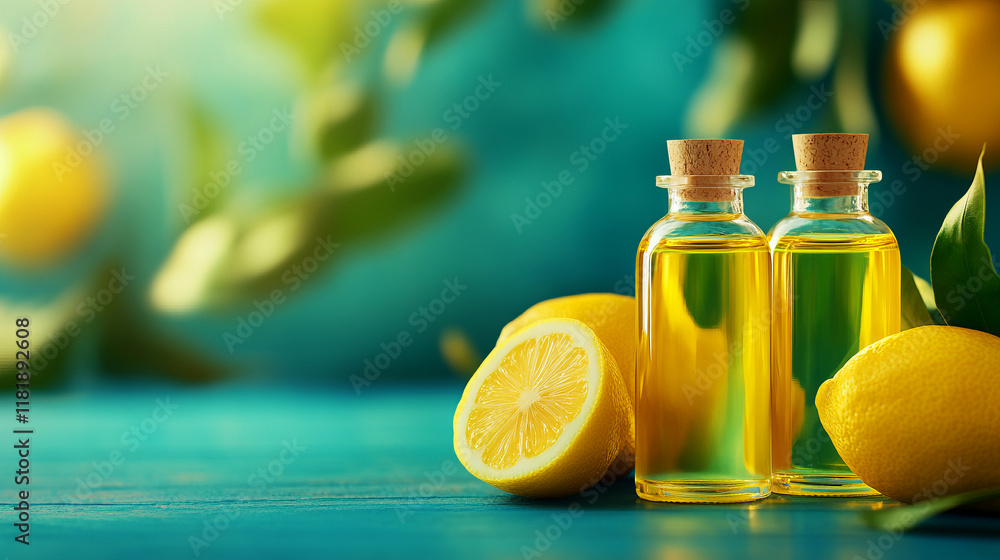 Fresh Lemon Essential Oil Bottles with Bright Lemons and Green Leaves on Vibrant Background Fresh Lemon Essential Oil Bottles with Bright Lemons and Green Leaves on Vibrant Background