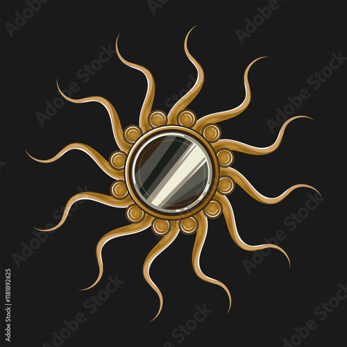 Mirror in a golden frame in the form of the sun with diverging wavy rays on a black background. Art Deco style. Vector illustration