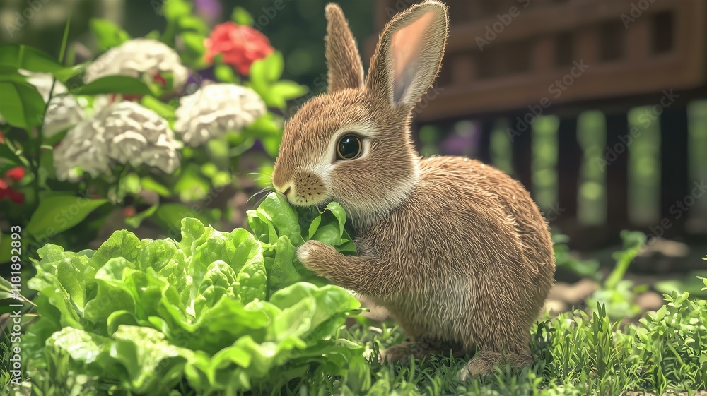 Fototapeta premium Photorealistic image of a rabbit munching on fresh lettuce in a backyard, with a soft and friendly expression 