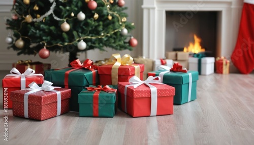 Beautiful Christmas gift boxes on the floor near the Christmas tree