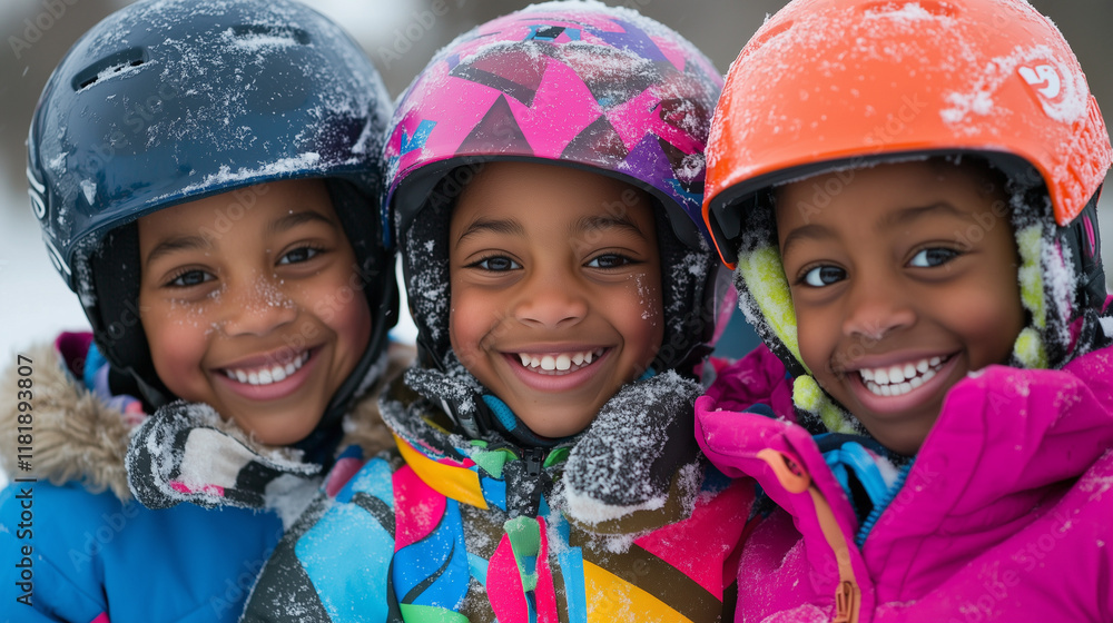 Smiling Kids in Vibrant Ski Gear on a Winter Day Smiling Kids in Vibrant Ski Gear on a Winter Day