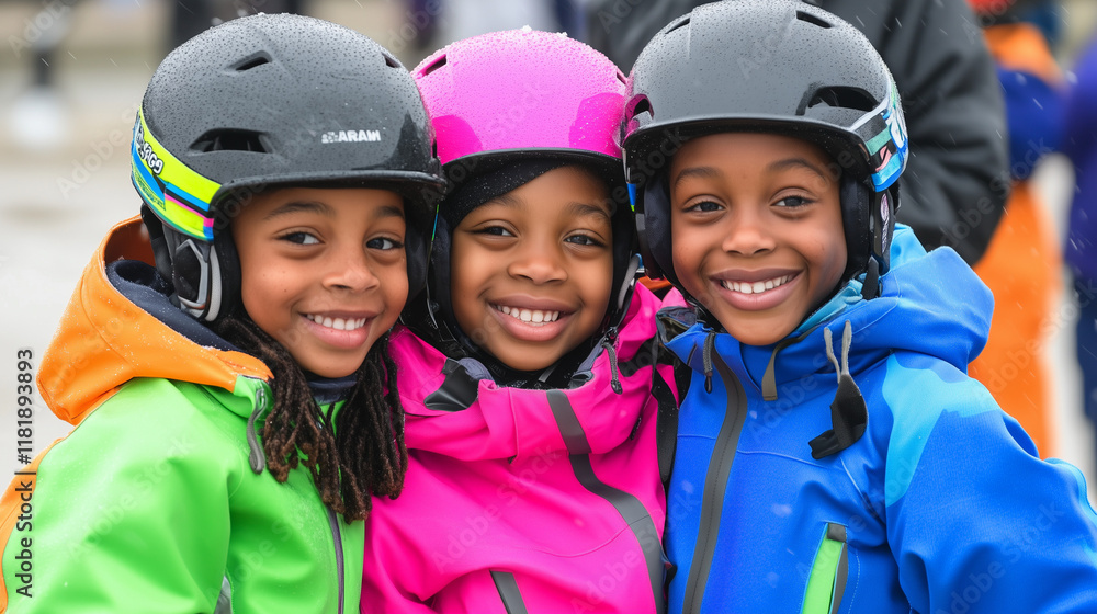 Smiling Kids in Vibrant Ski Gear on a Winter Day Smiling Kids in Vibrant Ski Gear on a Winter Day
