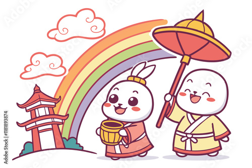 Cartoon Japanese deities, colorful chibi gods, cute Shinto kami, playful mythological characters, whimsical divine beings, kawaii spiritual figures, traditional Japanese folklore, adorable cultural ic