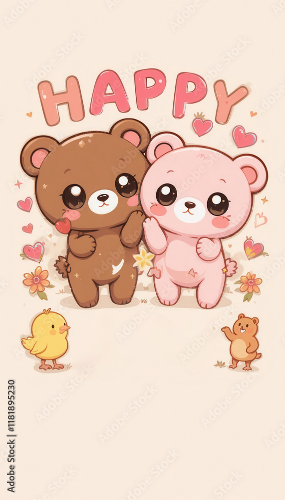 Two cute and funny bear cubs in a cute cartoon animal illustration set with a fun and loving design Two cute and funny bear cubs in a cute cartoon animal illustration set with a fun and loving design