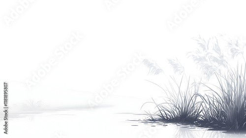 A serene landscape with fog, water, and tall grasses, evoking calmness and tranquility.