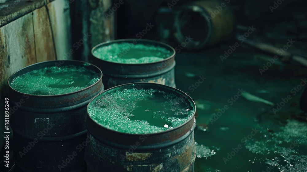 Old dirty barrels of toxic green liquid. Old dirty barrels of toxic green liquid.