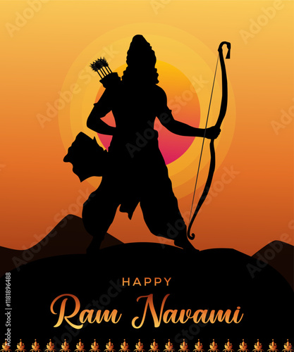 Shree Ram Navami celebration,with bow arrow and temple background for Indian festival.