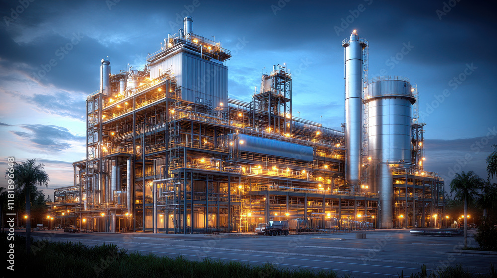 A stunning view of a modern industrial complex illuminated at dusk. The interplay of lights and shadows highlights the intricate architecture of the facility