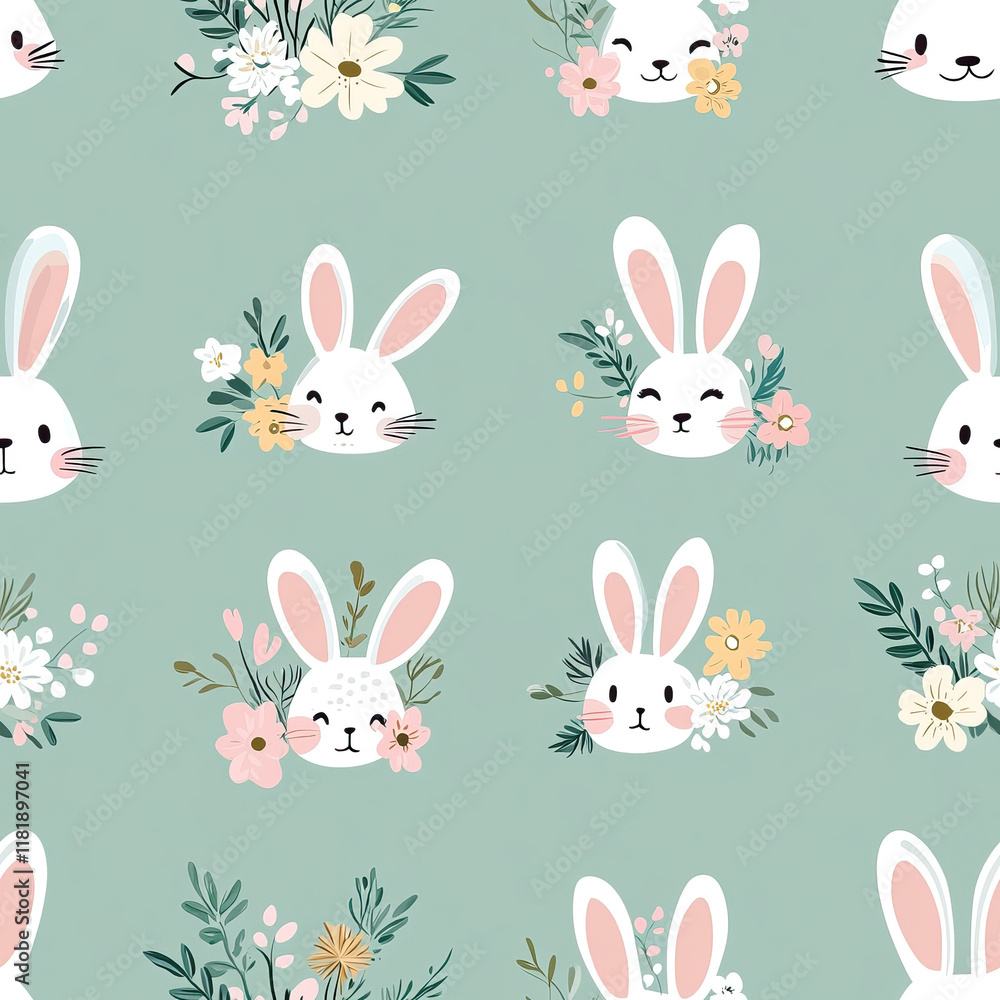 Cute bunny pattern with flowers on soft green background Cute bunny pattern with flowers on soft green background