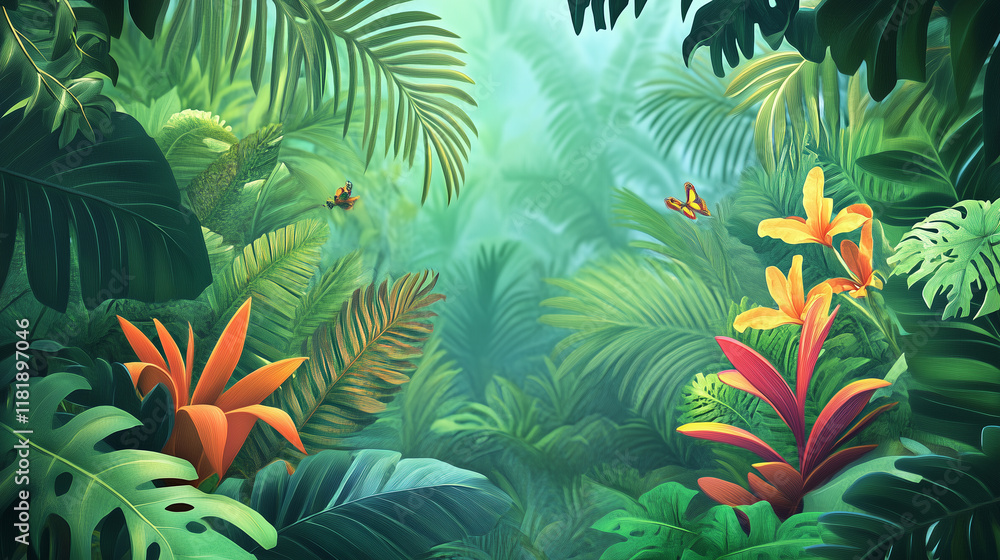 Magnificent jungle scene with dense vegetation, vibrant green backdrop Magnificent jungle scene with dense vegetation, vibrant green backdrop