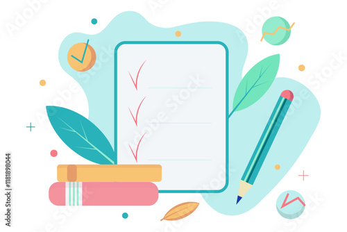 A leaflet with a notebook for notes, a pencil and books. Flat style. Vector graphics