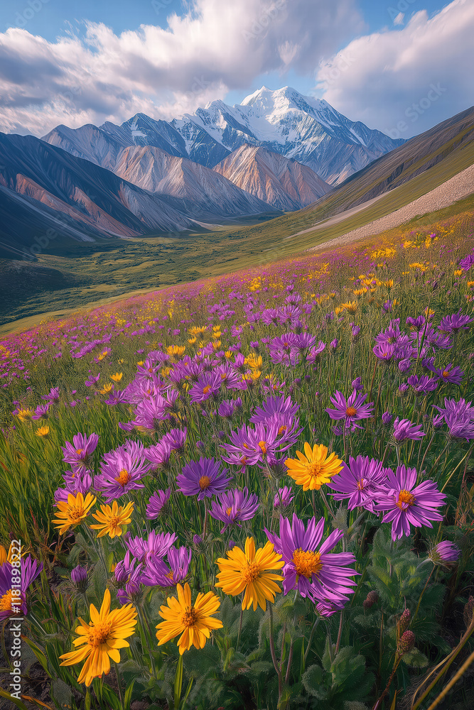 Obraz premium Colorful wildflowers bloom in a mountainous landscape during a clear day in a remote valley