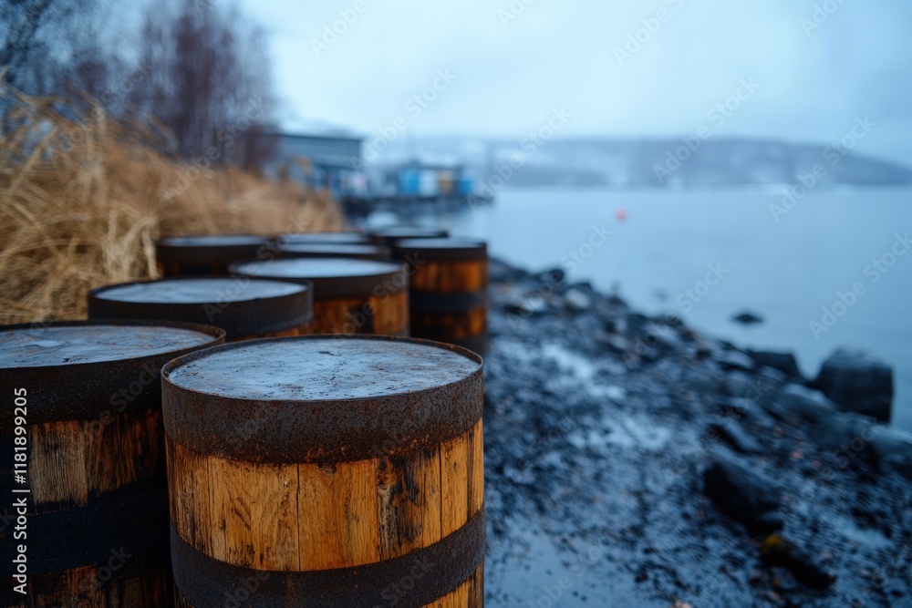 Rusty Barrels by the Fjord: A Coastal Winter Scene Rusty Barrels by the Fjord: A Coastal Winter Scene