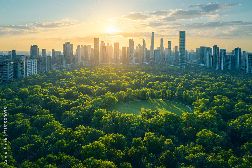 Obraz premium Aerial view of a metropolis city and park on a sunny summer day