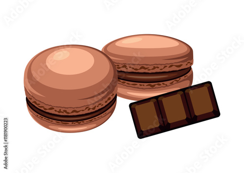 Chocolate macarons and chocolate bar icon set vector illustration. Brown french macaroons icon vector isolated on a white background. Two brown macaron drawing