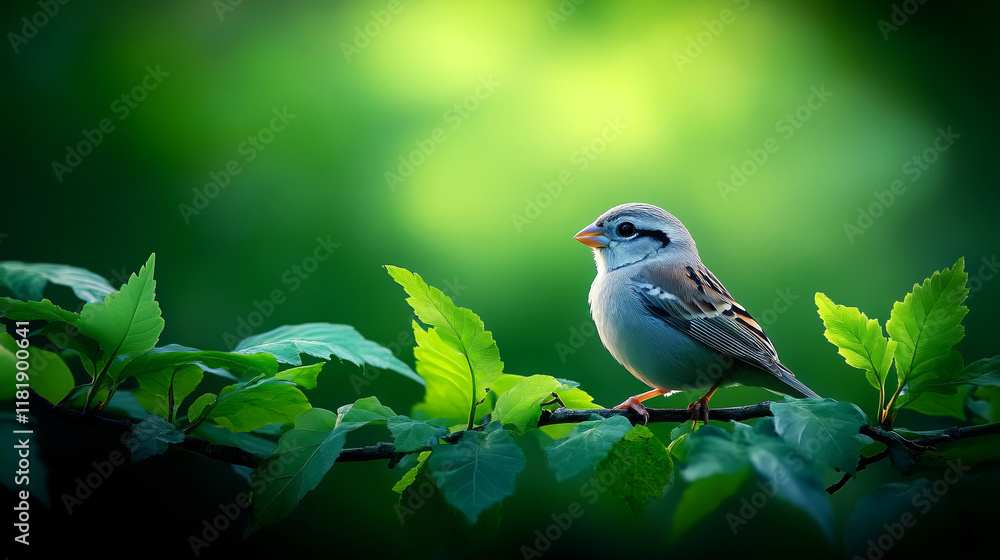 Obraz premium Small Bird Perched on a Branch Surrounded by Lush Green Leaves in Soft Natural Light