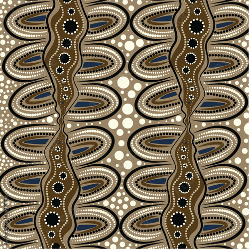 Background created with vector techniques, drawing influence from Aboriginal dot patterns