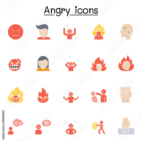 Set of angry Related Vector Line Icons. Contains such Icons as crazy, mad, violence, aggressive, boxing, hit, punch and more