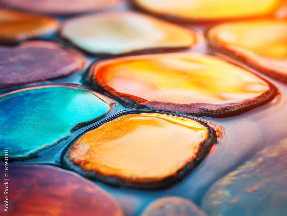 Colorful Water Reflection on Smooth Pebbles in Serene Natural Setting with Calm Atmosphere Colorful Water Reflection on Smooth Pebbles in Serene Natural Setting with Calm Atmosphere