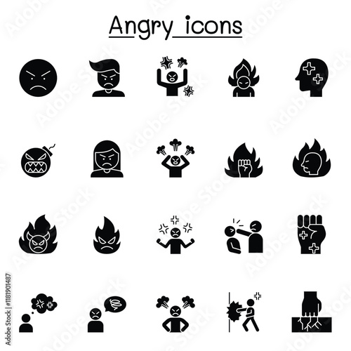Set of angry Related Vector Line Icons. Contains such Icons as crazy, mad, violence, aggressive, boxing, hit, punch and more