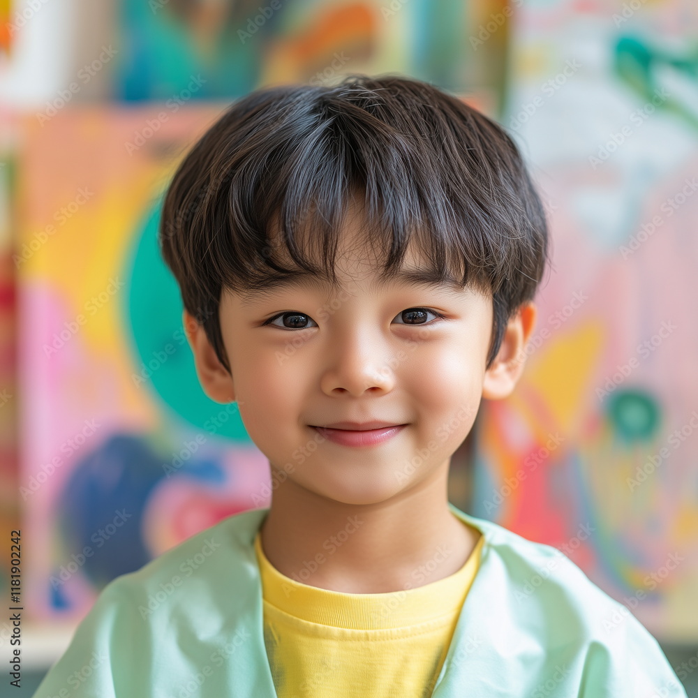 Cute Asian Korean boy Portrait, child kids after school academy classroom extracurricular learning education art entertaining physical education