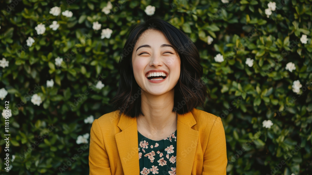 Cheerful Asian woman laughing in a park Cheerful Asian woman laughing in a park