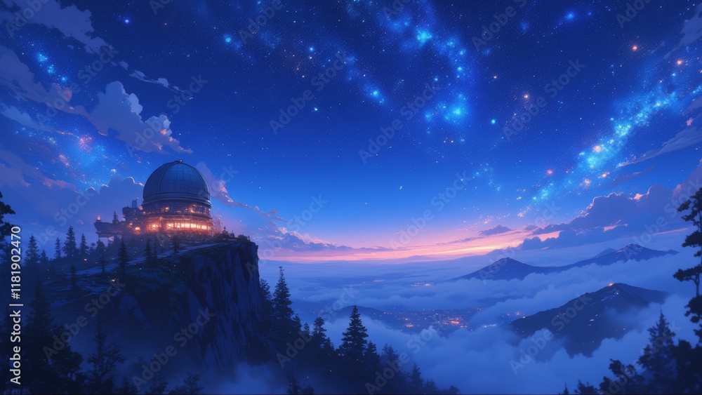 Obraz premium Anime fantasy environment, a celestial observatory on a mountaintop, overlooking a starry sky and distant galaxies, sense of wonder..negative:.