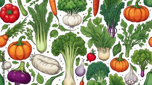 Colorful Hand-Drawn Vegetables border Pattern for Healthy Living. Seamless pattern
