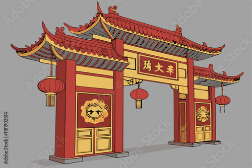 Chinese gate, ornate red and gold architecture, Lunar New Year decorations, traditional lanterns, intricate patterns, ox zodiac symbol, auspicious designs, festive entrance, grand archway, cultural ce