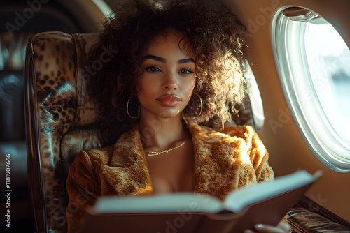 Dark-skinned woman flying in business class on an airplane photo