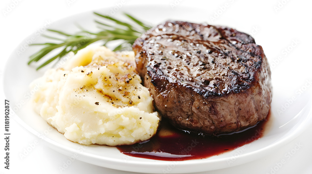 Succulent filet mignon served with creamy mashed potatoes and sauce Succulent filet mignon served with creamy mashed potatoes and sauce